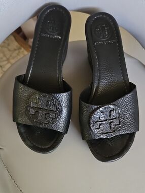 Tory Burch Black Leather Logo Slide Mules